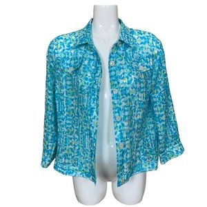 Linear Sheer Blue Green Button Front Rayon and Nylon Blend Jacket XL